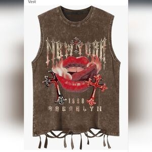 Brown Graphic Sleeveless Top with Red Accents